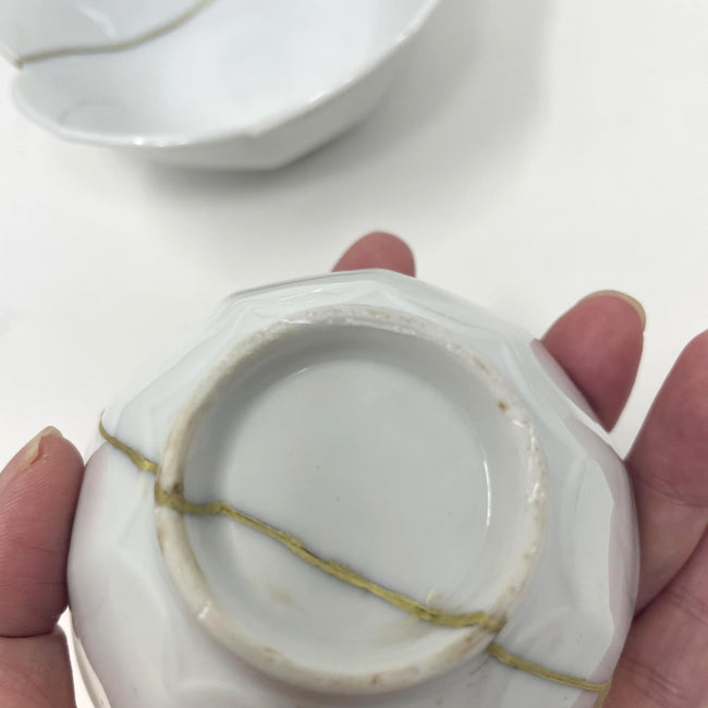 Antique Flower-Shaped Bowl Set (6pc) – Japanese Ceramic with 22k Gold Repair