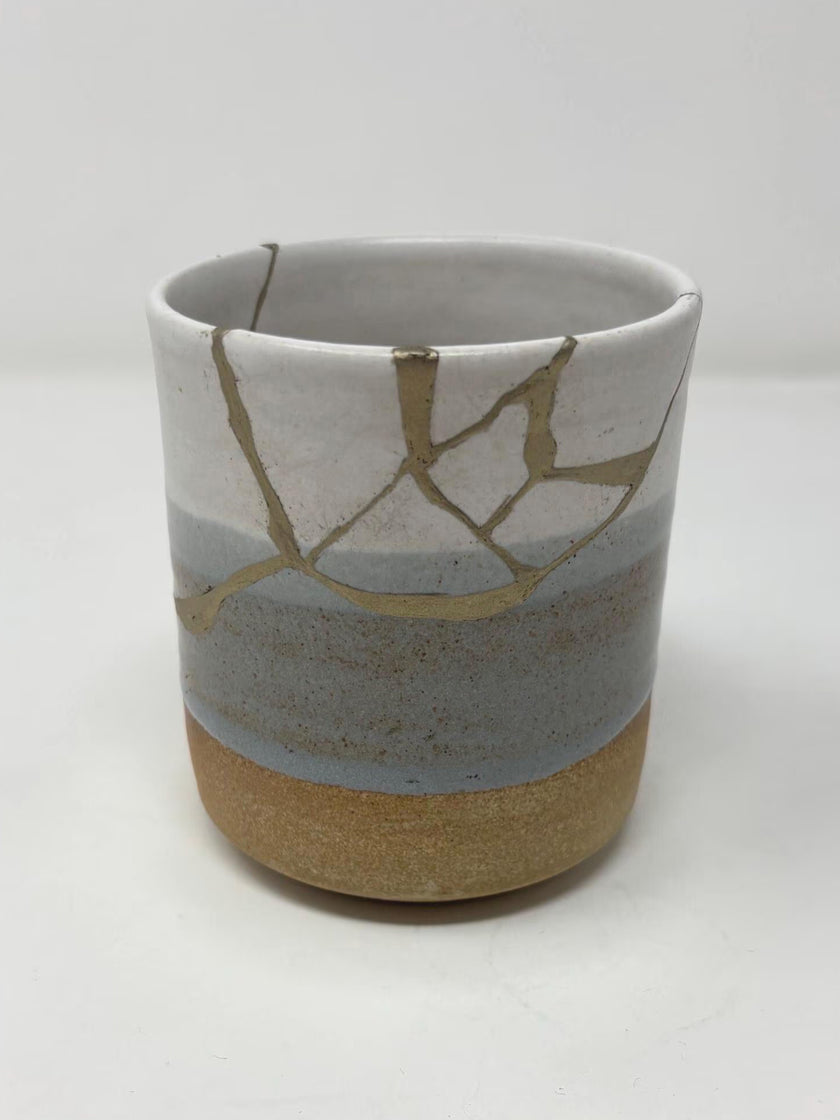 Rise & Shine Kintsugi Mug – White, Blue-Gray & Orange (Brass Finish, Food-Safe)