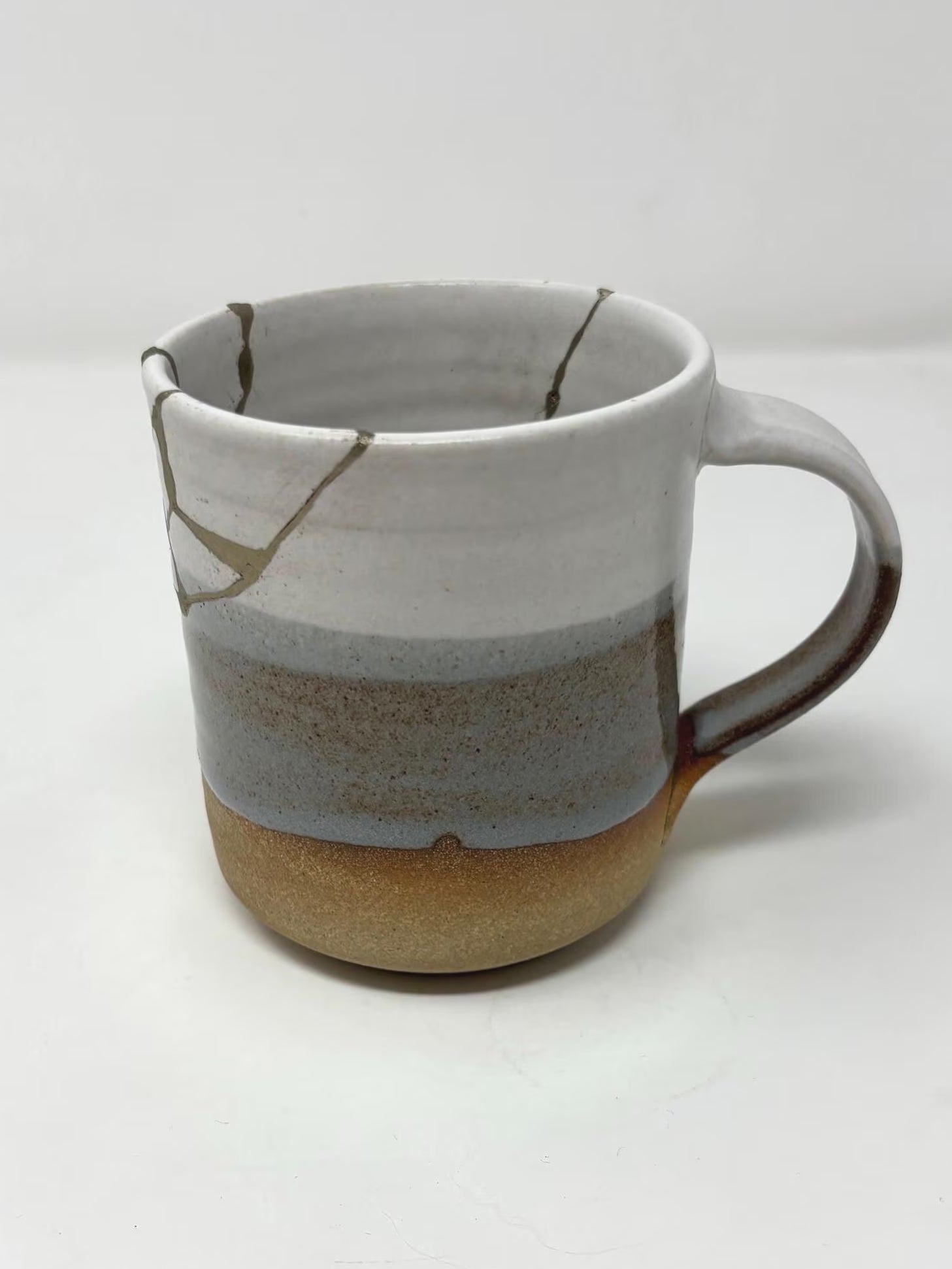Rise & Shine Kintsugi Mug – White, Blue-Gray & Orange (Brass Finish, Food-Safe)