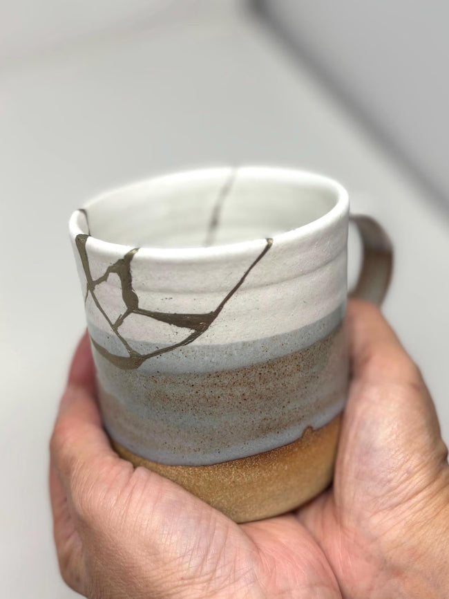 Rise & Shine Kintsugi Mug – White, Blue-Gray & Orange (Brass Finish, Food-Safe)