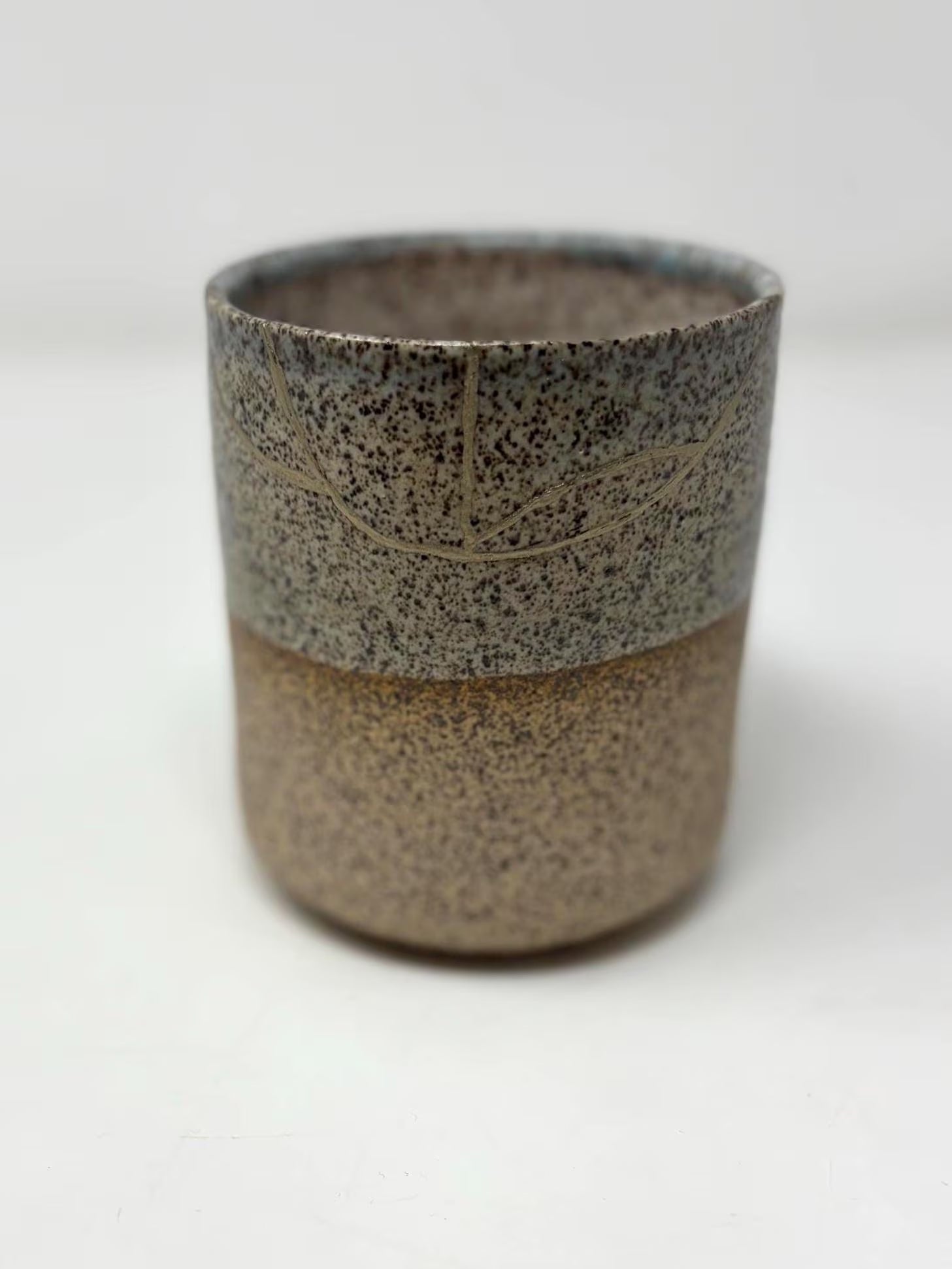 Rise & Shine Kintsugi Mug – Sandy Blue, Gray & Orange (Brass Finish, Food-Safe)