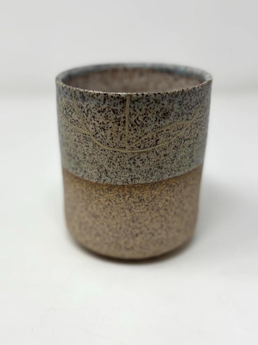 Rise & Shine Kintsugi Mug – Sandy Blue, Gray & Orange (Brass Finish, Food-Safe)