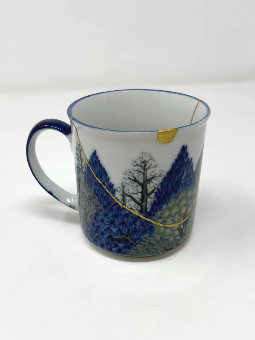 Rise + Shine Collection — Authentic Kintsugi Mug Vintage Small Mug: Blue Forest | 23k Gold Finish